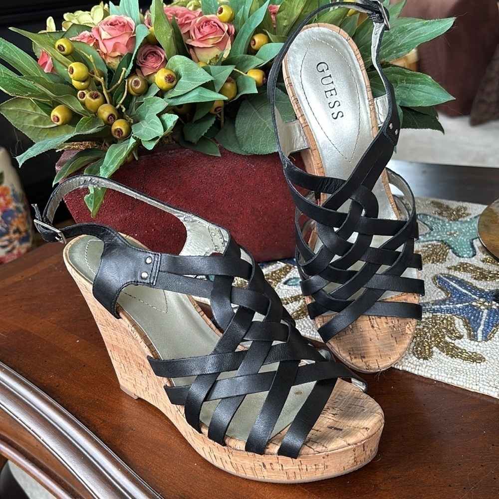 Guess Genuine Leather Black Multi-Strap Wedges Slingback Heeled Sandals Strappy